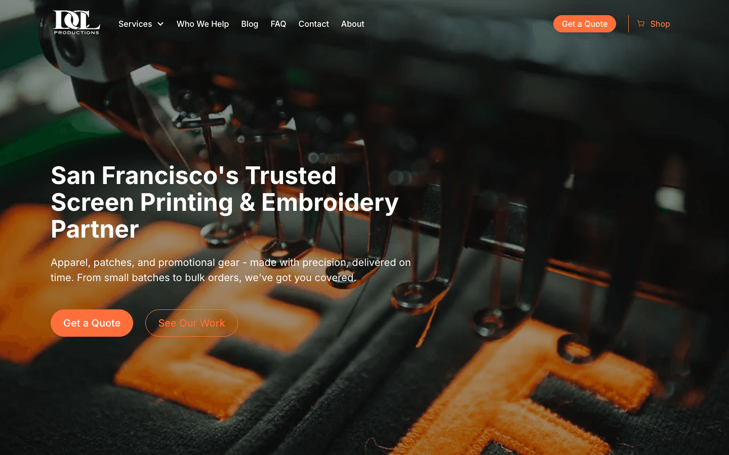 DCL Productions screen printing website - portfolio gallery and multi-step quote form