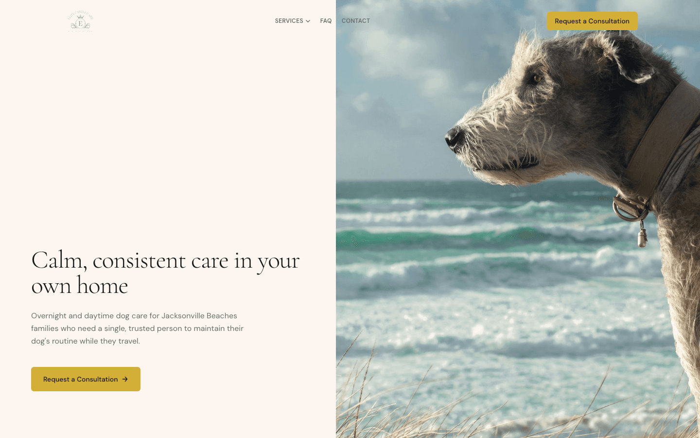 Elite Canine Care website - boutique in-home dog sitting service with booking form