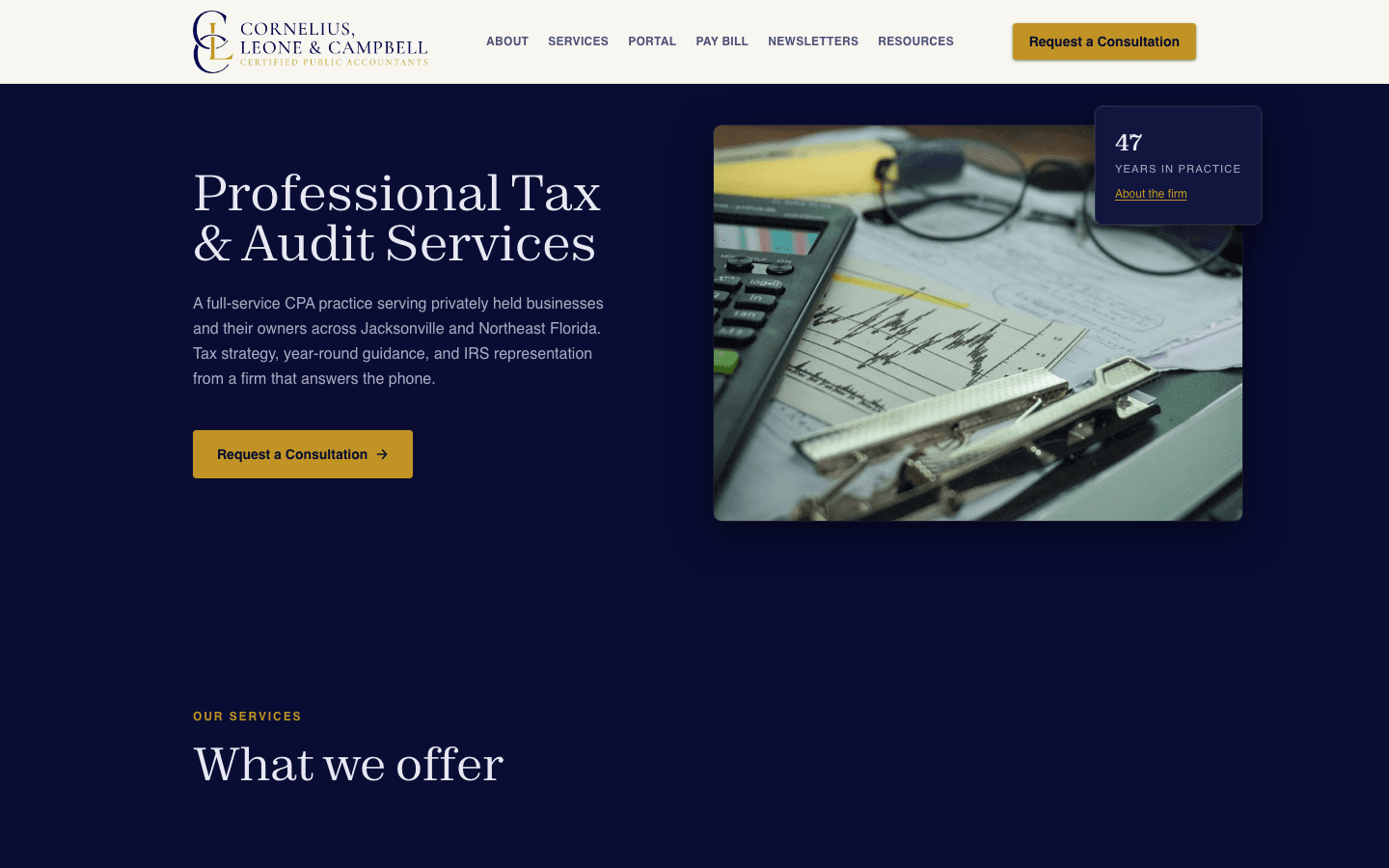 Cornelius, Leone & Campbell CPA firm website - professional design with service pages and inquiry form