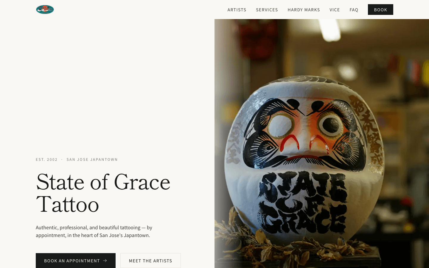 State of Grace Tattoo website - Japanese-inspired design with artist portfolios and booking form