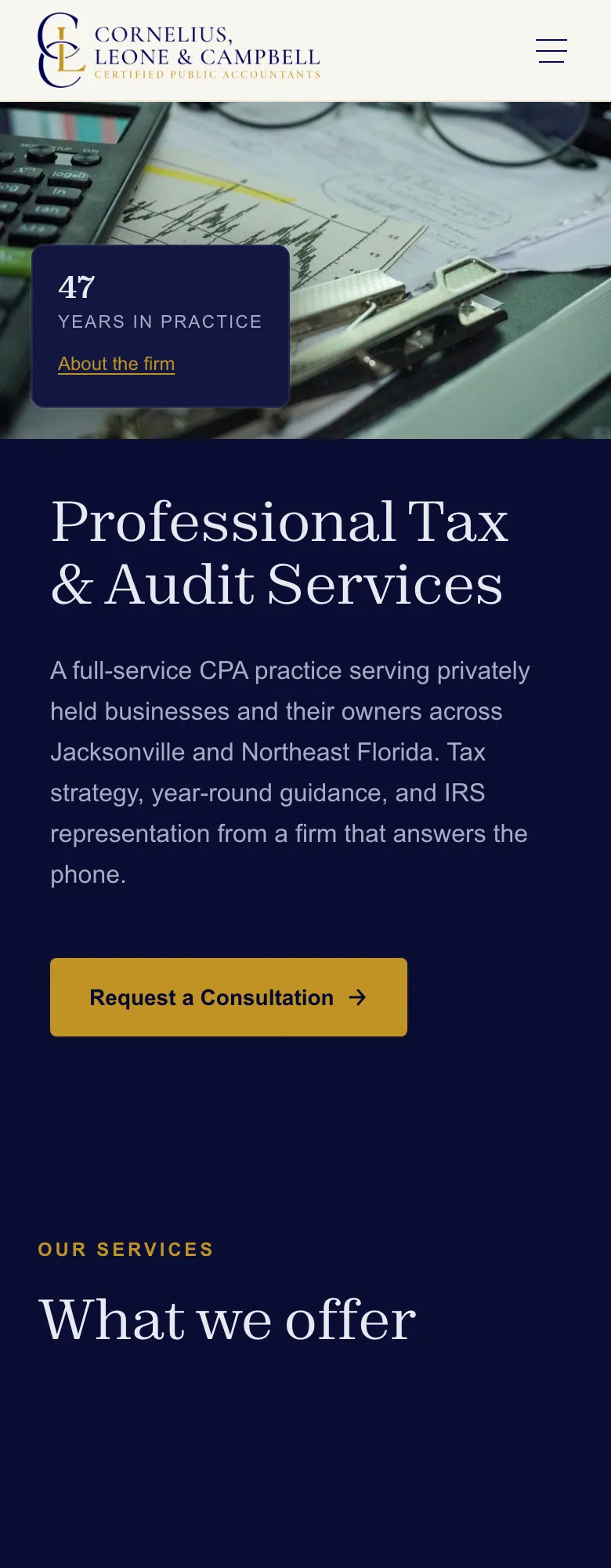 Cornelius, Leone & Campbell CPA home page on a phone