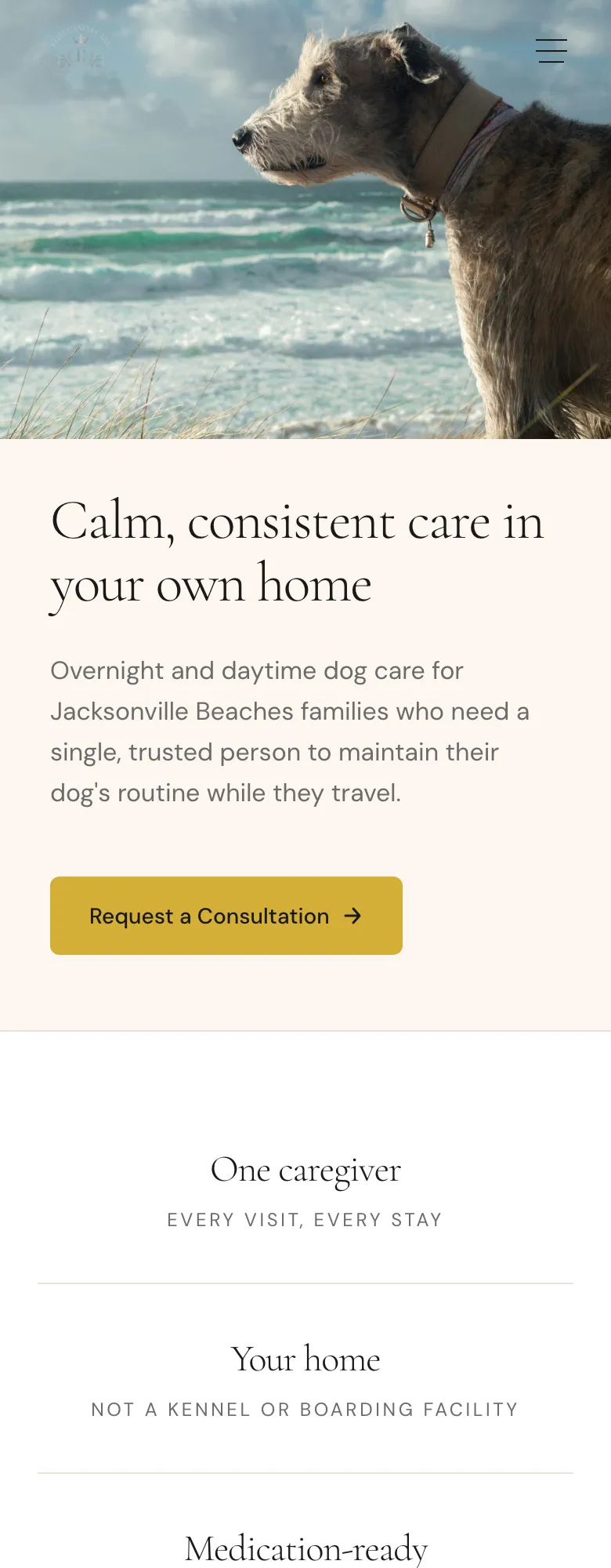 Elite Canine Care home page on a phone