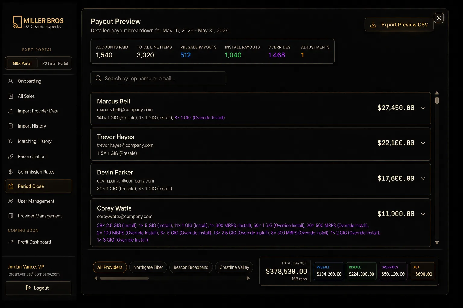 Payout preview screen from the custom ERP showing per-rep commission line items ready for approval