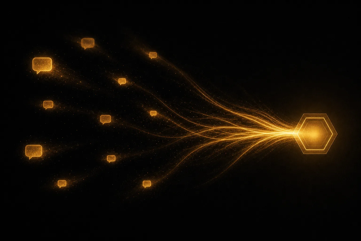 Scattered conversation bubbles on the left, unified context flowing into consistent outputs on the right